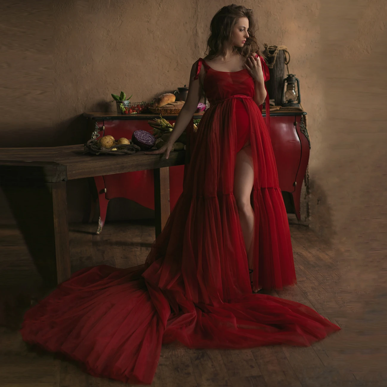 

Dark Red Tulle Maternity Dress for Photography Ruffled Scoop Neck Maternity Robe Photo Shoot Dresses Women Baby Shower
