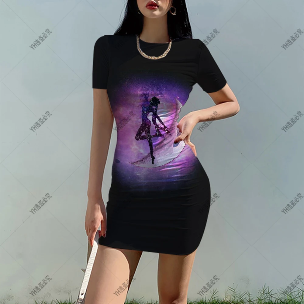 

Summer Sailor Moon Dress Short Sleeve Women's Solid Color Skinny Stretch Mini Dress O Neck Casual Slim Pencil Short Vestido