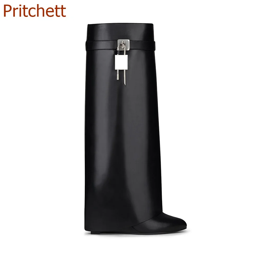 

Metal Lock Round Toe Women Boots Solid Black White Red Knee High Wedges Fashion Autumn Modern Boot 2023 New Arrivals Women Shoes