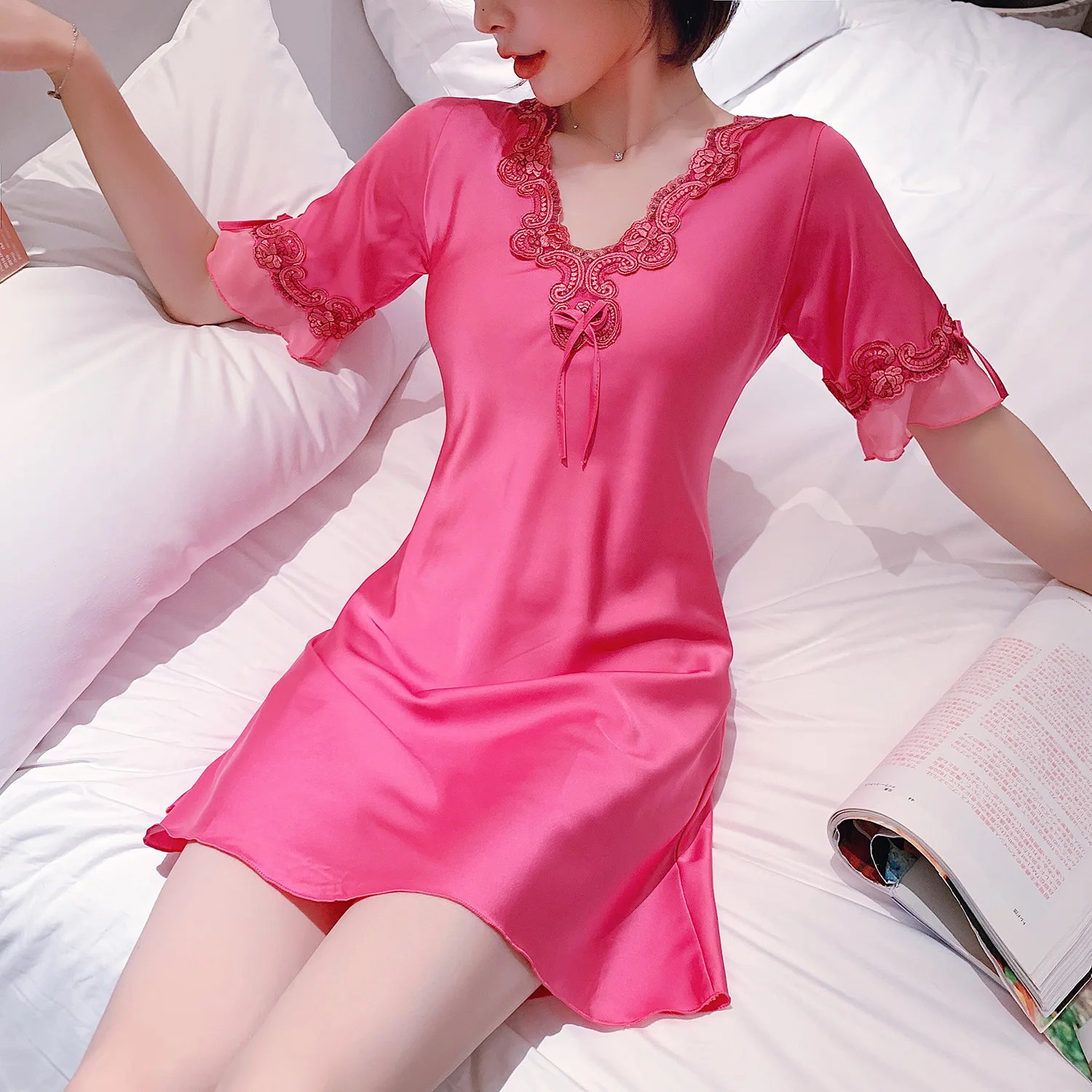 Kawaii Set Women Sleep Tops Short Sleeve Silk Dress Women Plus Size Satin for Teen Girls Soft Cozy Sexy Sleepwear