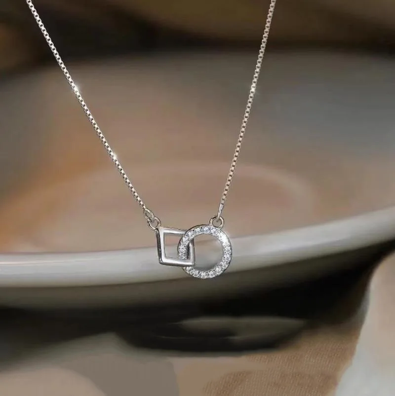 

Trendy 925 Sterling Silver Square Round Necklace Cute Clavicle Chain Cz Zirconia Geometry Pendant Choker Girl Party Gift Jewelry