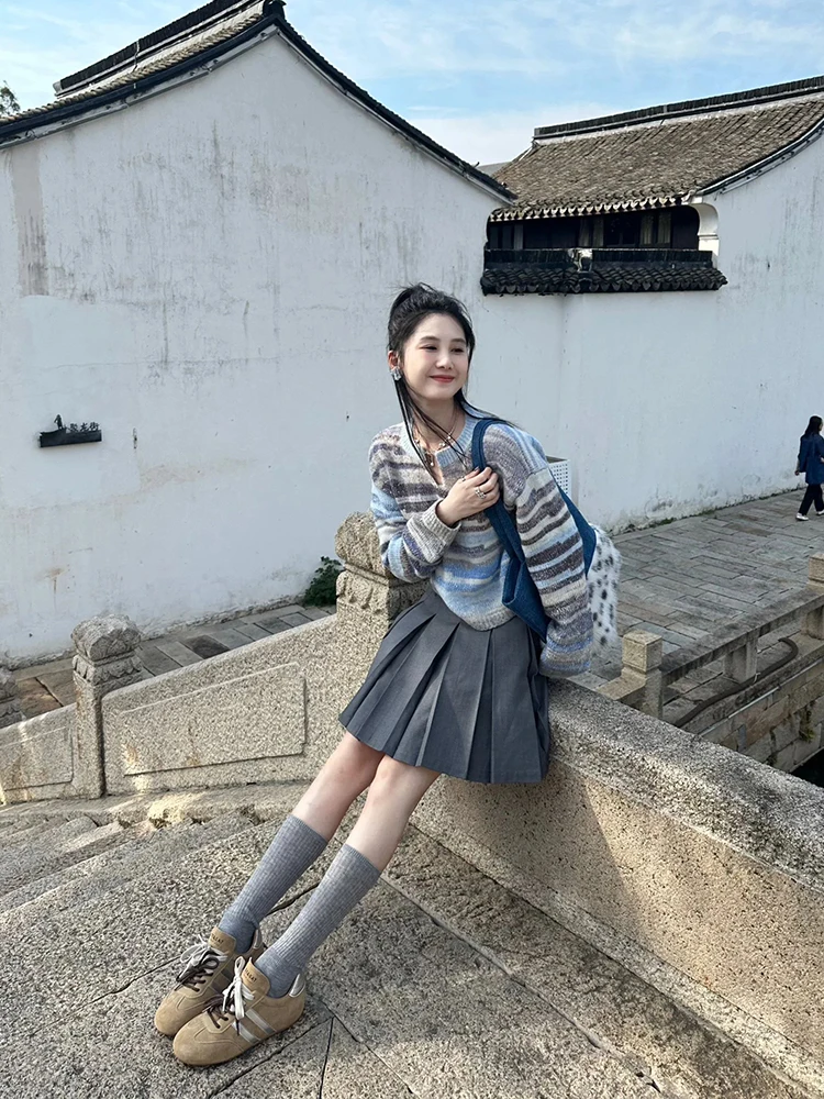 Early Autumn Small Wear Design Gradient Stripe Mohair Woolen Sweater Women Loose Slimming Short Top