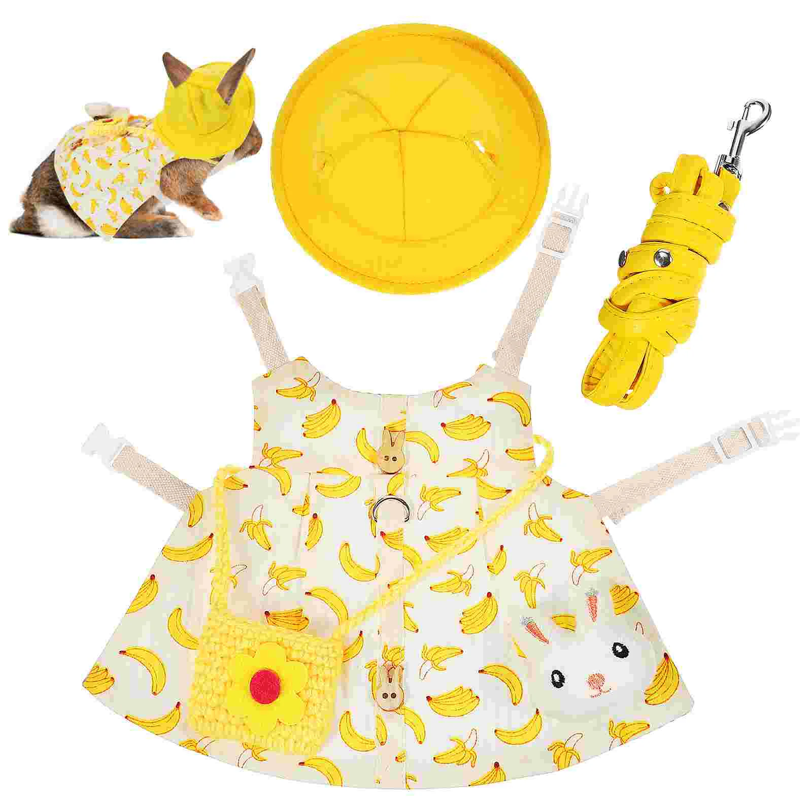 

Small Animal Costume Set Banana Print Harness Vest Leash Hat Bag Cute Bunny Brooch for Ferret Kitten