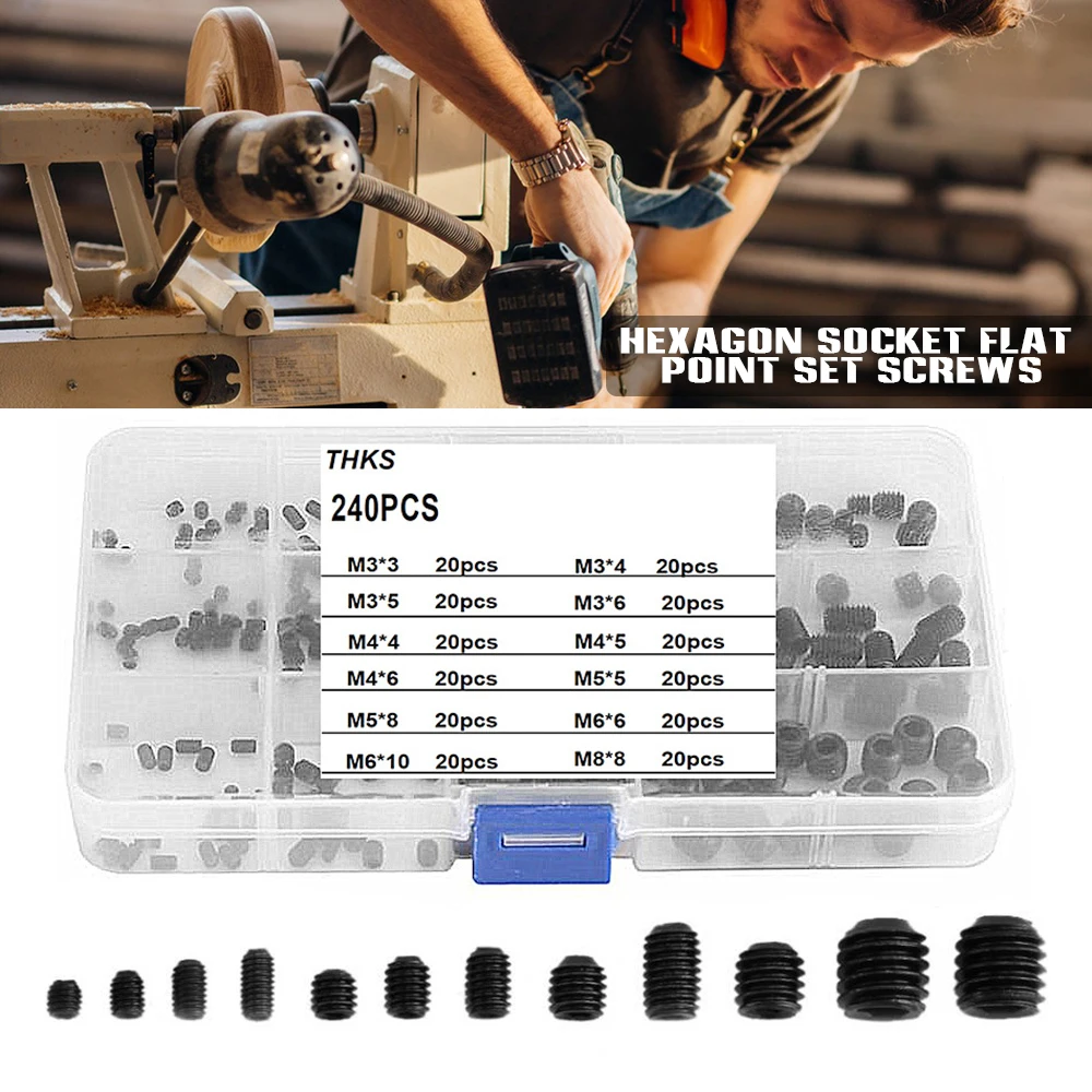 

240Pcs Hex Socket Screw Set Flat End Hand Stop Headless Screw Machine Screw Anchors Screw License Plate Screws Deck Screws CLH@8