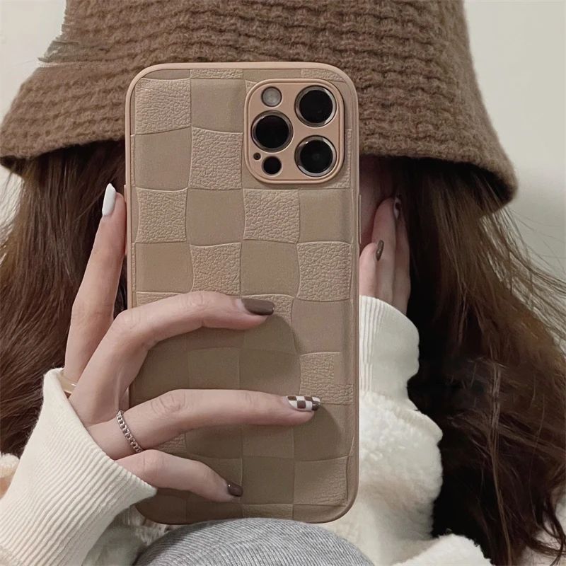 

Luxury Vintage Grid Pattern Leather Silicone Case For iPhone 13 12 Mini 11 Pro Max XS XR X 8 7 Plus SE 2 Soft Matte Cover Korea