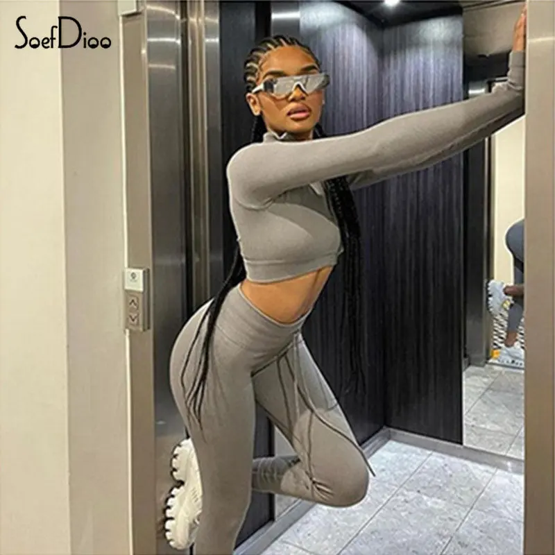 

Soefdioo Casual Ribbed Fitness Sports Suit Women Fashion Zipper Crop Top and Drawstring Pants Matching 2022 Seamless Yoga Wear