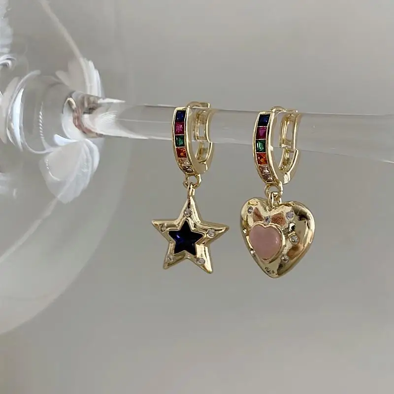 

Exquisite Romantic Colored Stone Heart-Shaped Star Asymmetrical Earrings Fashion Elegant Personality Ladies Valentine's Day Gift
