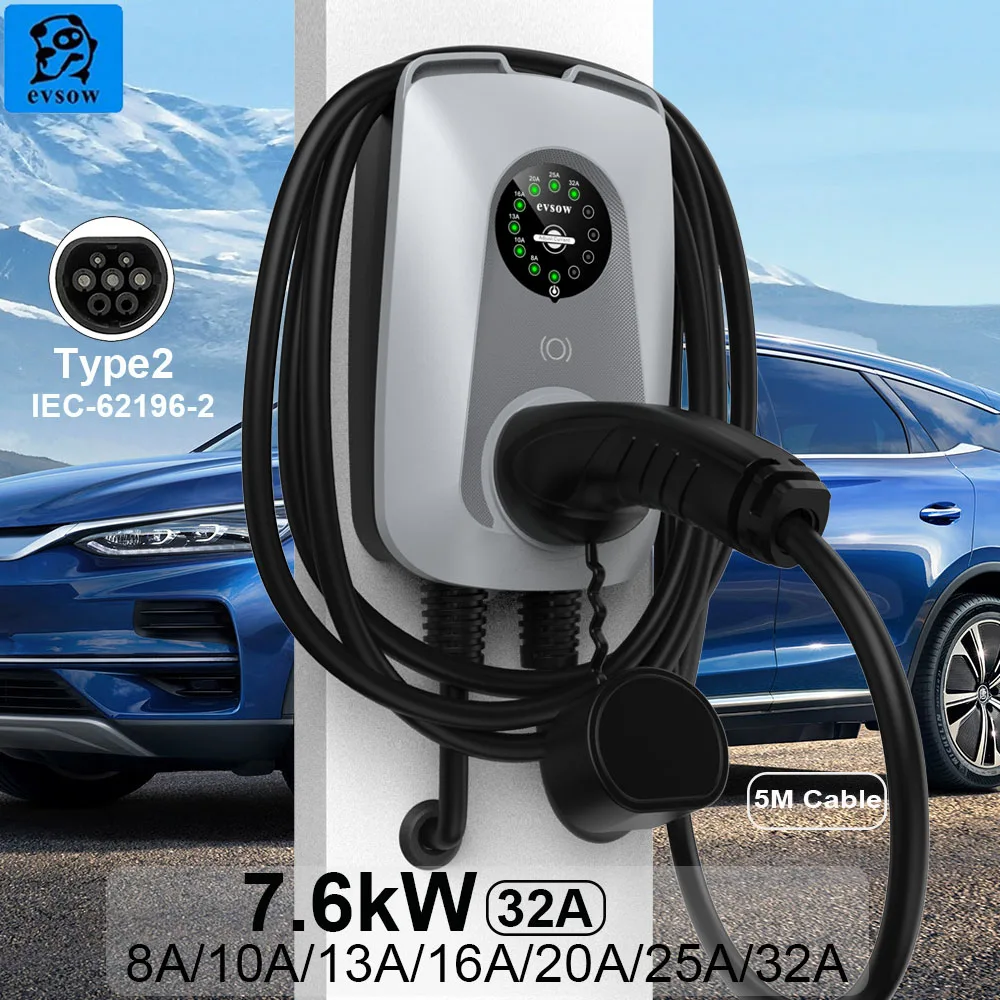 

Зарядное устройство для электромобилей evsow 7 кВт, тип 2, розетка для быстрой зарядки, версия настенного монтажа, 32 А, регулировка тока, зарядная станция для электромобилей, свободно, держатель кабеля