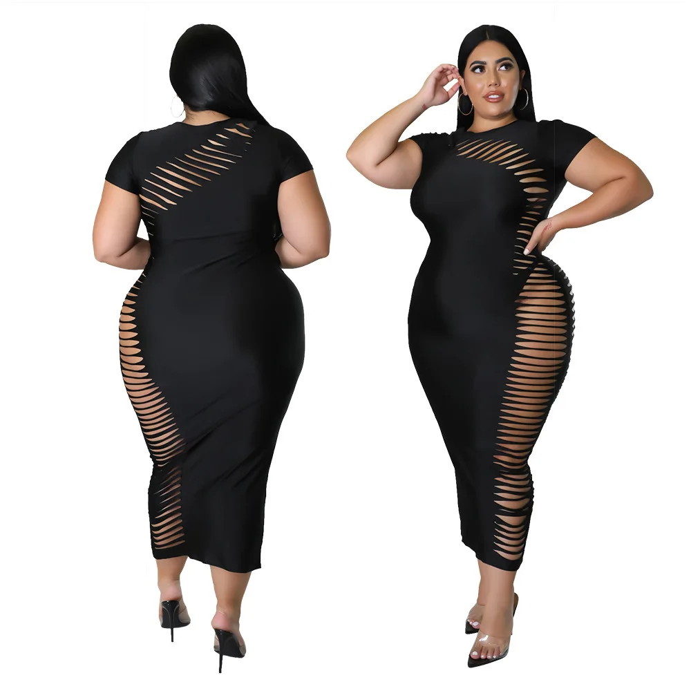 

Hottest Hollow Out Short Sleeves Summer Casual Dresses Nightclub Crew Neck See Through Sexy Party Bodycon Dress Plus Size