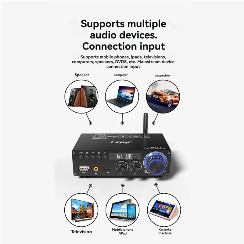 Фото Lepy LP-T2 Hi-Fi аудиоусилитель 2-канальный Bluetooth 5,1 мини-усилитель мощности для дома/наружной/гаража/театра EU PLUG-AB01 №2