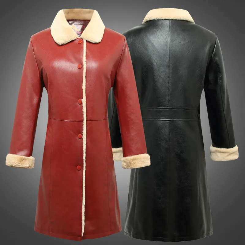 

Ladies Winter Coats Womens Faux Leather Long Fluffy Velvet Thick Oversized Pu Leather Jacket Red Plush Coat Female Overcoat 6xl
