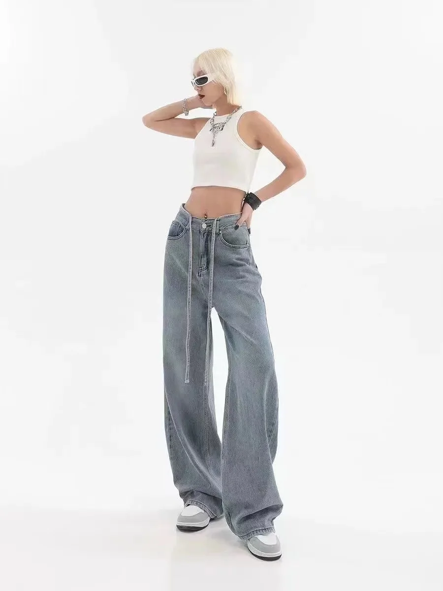 Spring and autumn new high waisted retro Wash Straight Leg Jeans Women's design strap wide leg pants trend