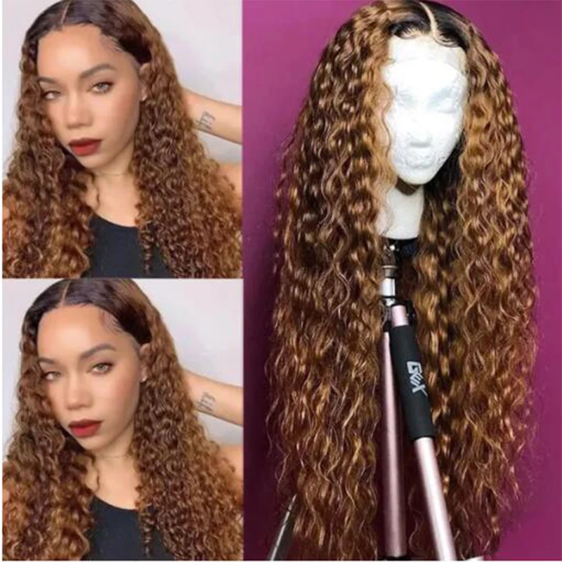 

Ombre Brown Glueless Soft Preplucked 26 inch Long 200 Density Deep Kinky Curly Lace Front Wigs For Black Women Babyhair Daliy