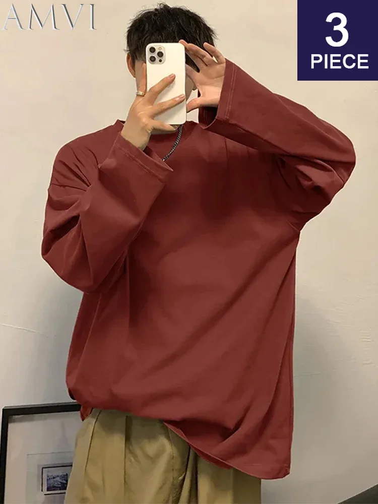 

3pcs Oversized Mens T-shirts Long Sleeve Quality Spring Autumn Fashion Korean Clothing Tops Solid Color Male Tees Graphic Shirts