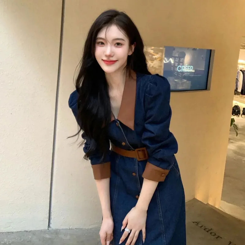 

Винтажное женское джинсовое платье с лацканами, однобортное длинное платье с поясом, элегантные женские облегающие платья, осенняя модная повседневная одежда