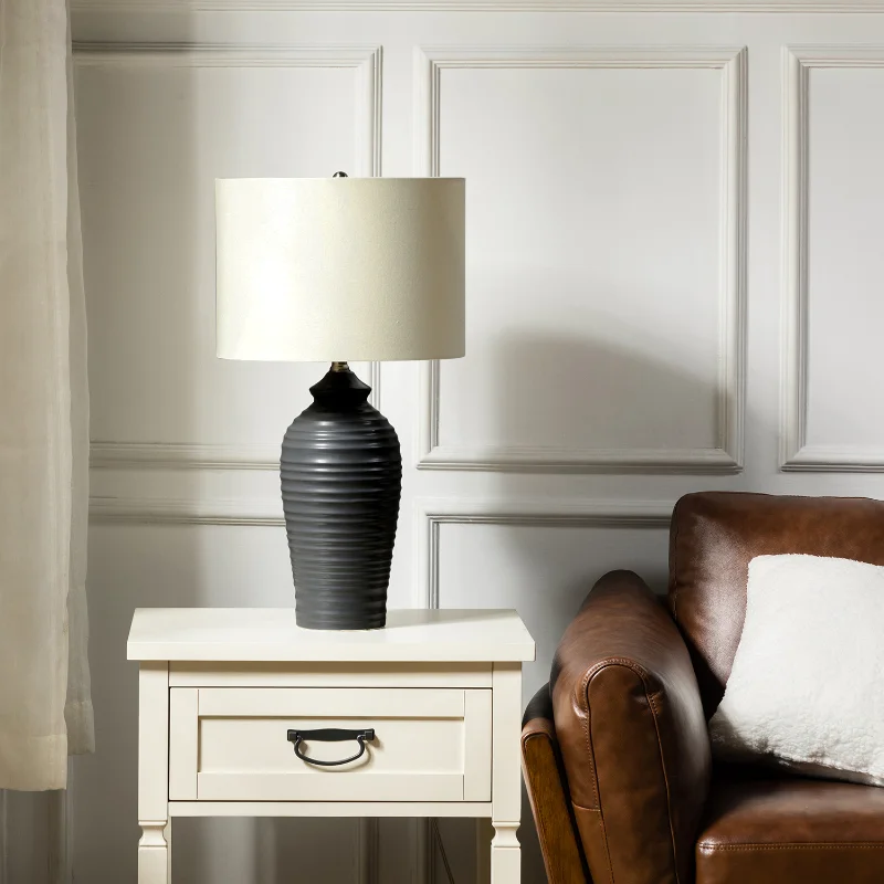 

Midas 24.7" Modern LED Bedside Table Lamp with Drum-Shaped Linen Shade Grey Ceramic [US Stock]