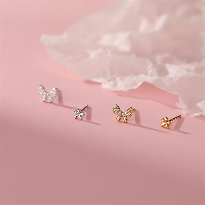 

925 Sterling Silver Asymmetric Bow Flower Small Stud Earrings For Women Fashion Cute Student Birthday Party Jewelry Gift
