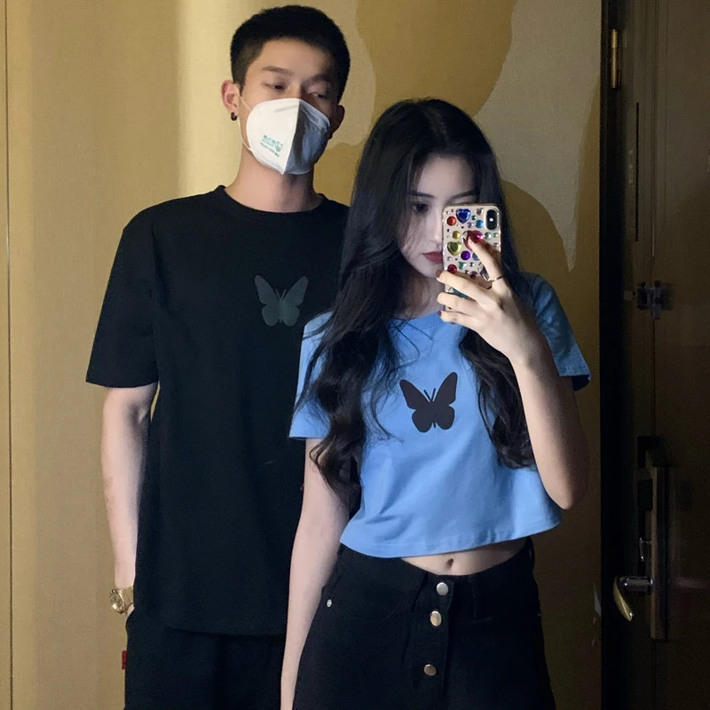 

Американская уличная парная футболка с рукавом до локтя, мужские летние кроп-топы оверсайз со светоотражающей бабочкой, футболки, женские футболки с круглым вырезом