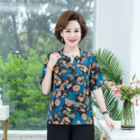 women 2022 t shirt 5xl print short sleeve fashion pullover blouses shirts tops v neck middle age mother loose clothing vestidos
