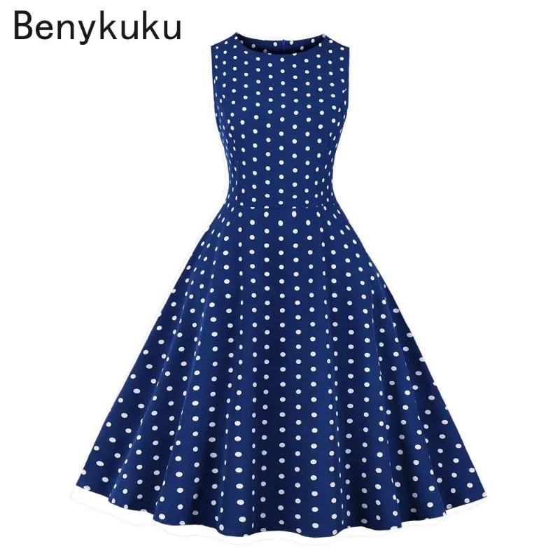 Женское винтажное платье в горошек черный сарафан без рукавов с круглым вырезом