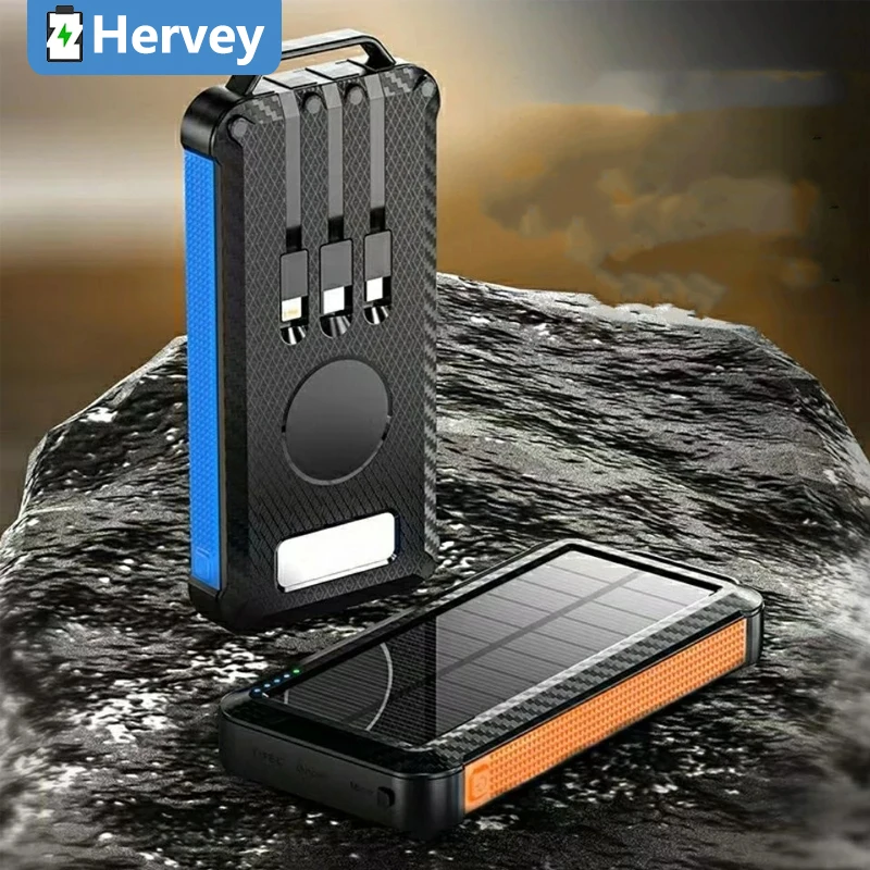 80000mAh Wireless Solar Power Bank for iPhone 12 Samsung S21 Xiaomi Powerbank Built in 3 Cables External Battery Pack - купить по