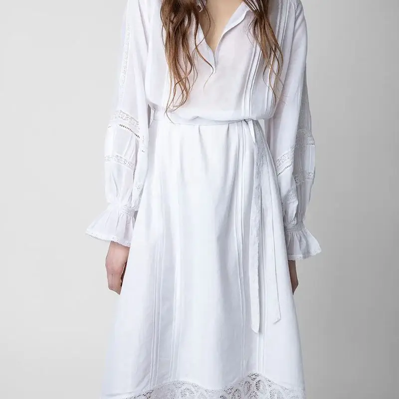 

Dressed Women's Spring/Summer 2023 New Lace Panel Lantern Flare Sleeves White V-Neck Long Sleeve Long Dress
