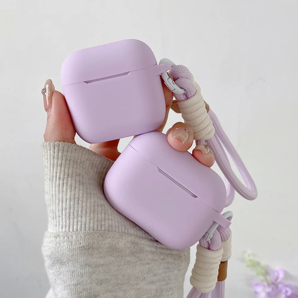 Фото Лавандово-фиолетовый матовый силиконовый чехол для наушников AirPods Pro 2 с веревкой против потери для AirPods 1 2 3 4 Мягкий чехол Funda №1