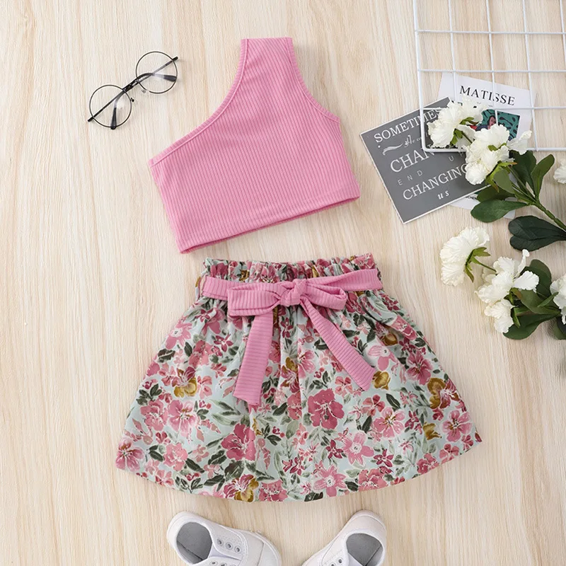 

2022 Summer Children Sets Single Shoulder Sleeveless Tops Floral Sashes Bow Skirts 2Pcs Roupa Infantil Menina Clothes Sets 1-8T