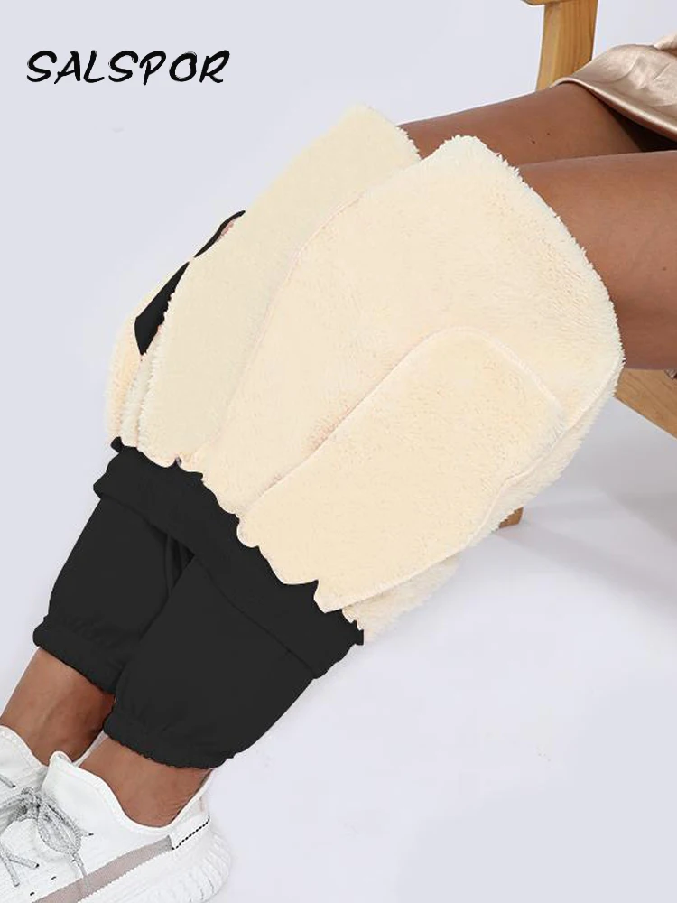 

SALSPOR Зимние теплые брюки, черные осенние женские теплые женские брюки, повседневная женская одежда, бархатные плотные брюки из овечьей шерсти, однотонные