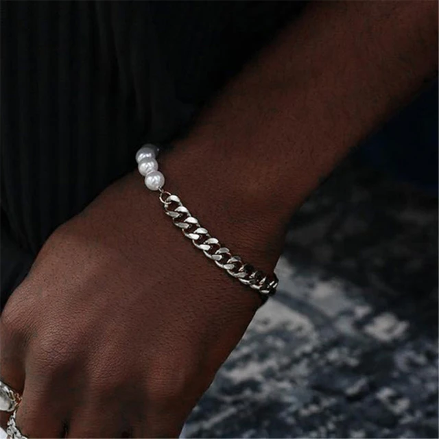 Модный мужской браслет серебряного цвета с жемчугом простой браслет в стилехип-хоп из нержавеющей стали кубинский браслет-цепочка мужские ювелирныеизделия аксессуары Оптовая продажа