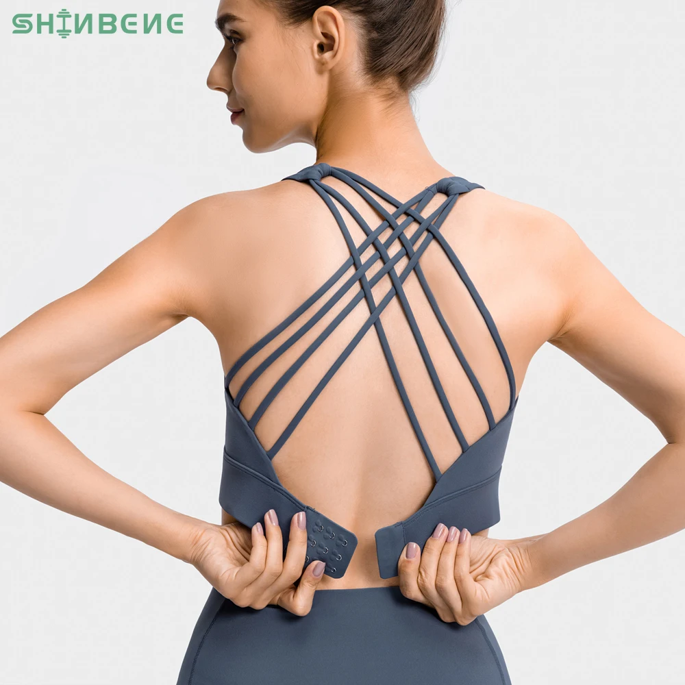 

SHINBENE Adjustable Buckle Strappy Workout Gym Sports Bras Women Ladies Mid Impact Hook-and-Eye Closure Yoga Fitness Bras Top