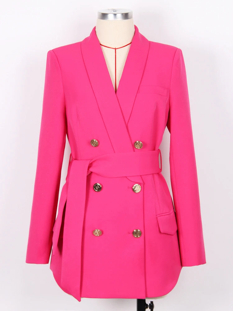 Elegant Lace Up Long Blazers for Women Jacket Coat Autumn Winter Double Breasted Party Office Outerwear Black White Tops