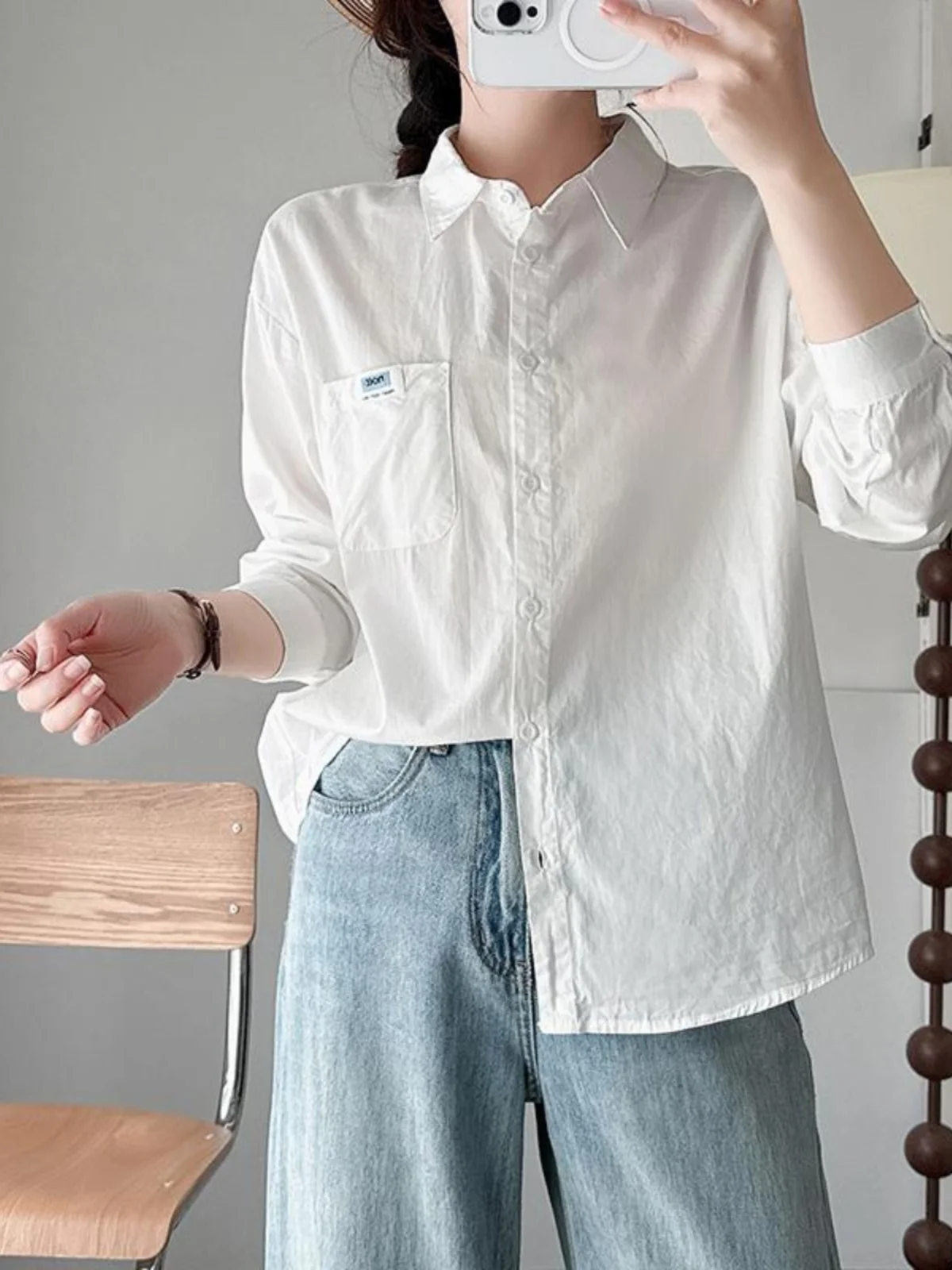 White Pure Cotton Minimalist Sle European Goods Shirts Top Women Loose Korean Design Adjustable Small Blue Labe...