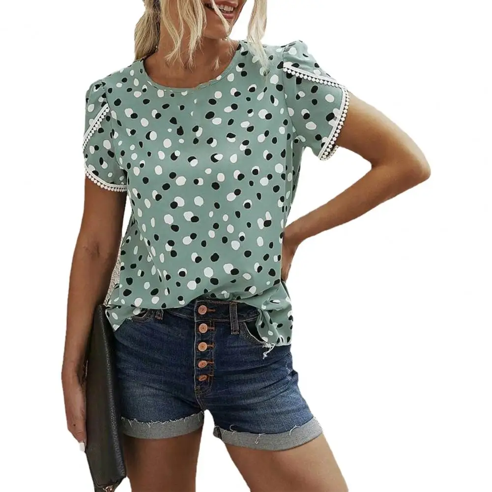 

summer blouses woman 2022 Dot Print Lace Sleeves Lace Sleeves Chiffon Polyester Summer Loose-fitting Shirt tops women 2022