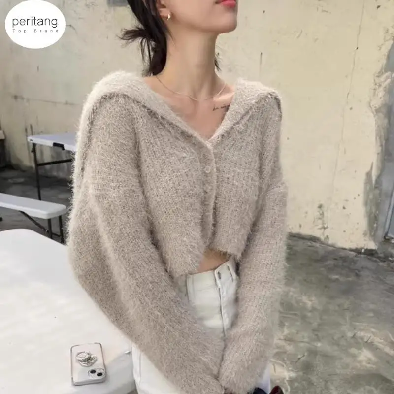 

PERITANG Sweater Popular Chic Autumn and Winter Outerwear Women Sailor Collar Buckle Soft Glutinous Short Thickened Knitted Top