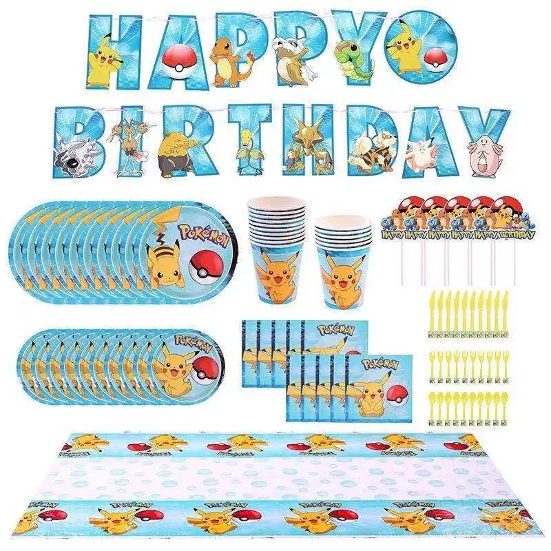 

New Pokemon Pikachu Themed Set Paper Plate Cup Tablecloth Banner Kids Birthday Festive Party Decoration