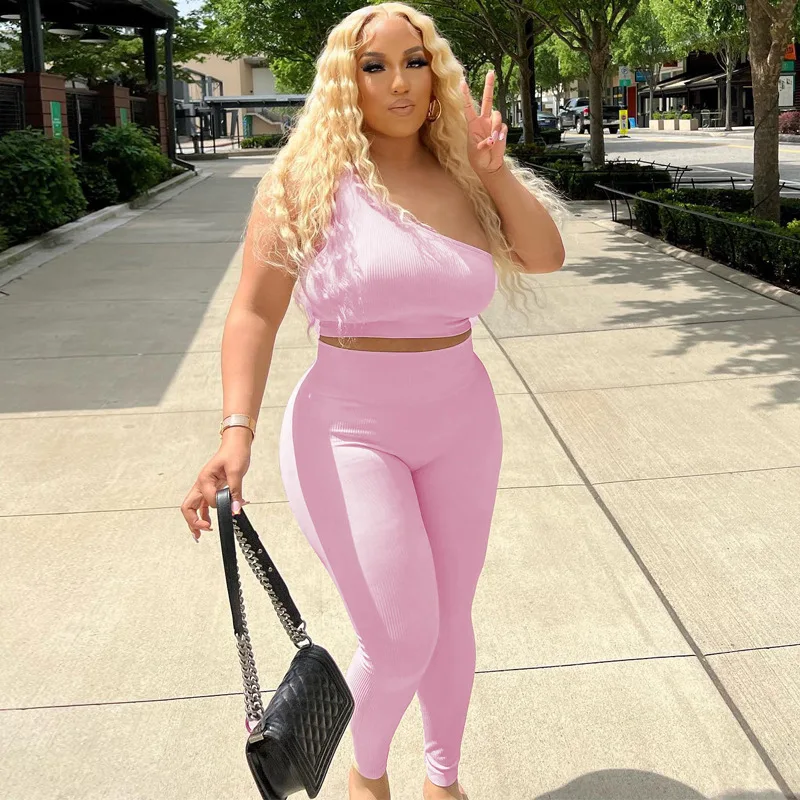 

Woman 2pcs Rib Suit Solid Color One Shoulder Sleeveless Crop Tank +High Waist Pant Tracksuit 3Color S-L
