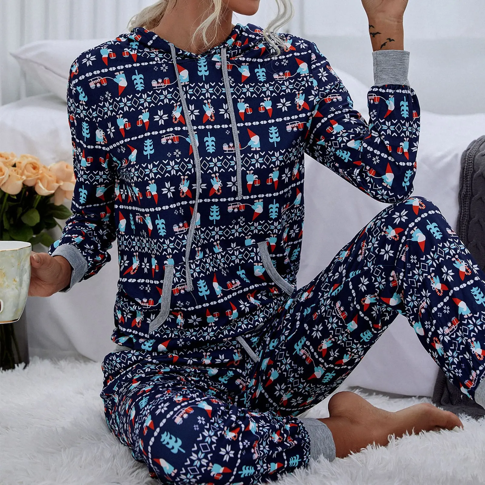 Christmas Plaid Print Hooded Drawstring Big Pocket Long Pants Set Women 2022 Spring Autumn New O Neck Top Pajamas Two Piece Suit
