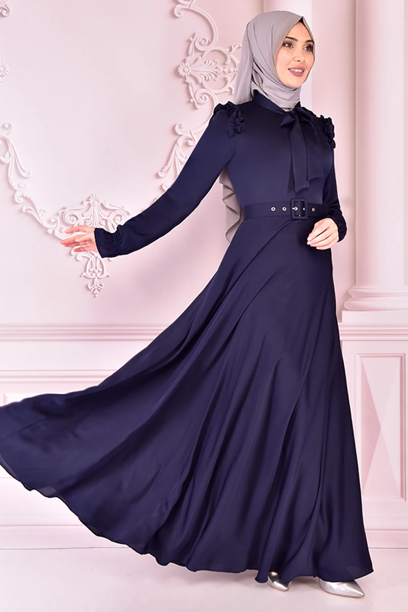 Атласное платье темно-синего цвета с поясом, ev14822