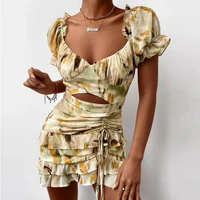 sexy summer women elegant dresses cottagecore fashion print tie dye print cut out drawstring dress vacation beach dress 2021 new