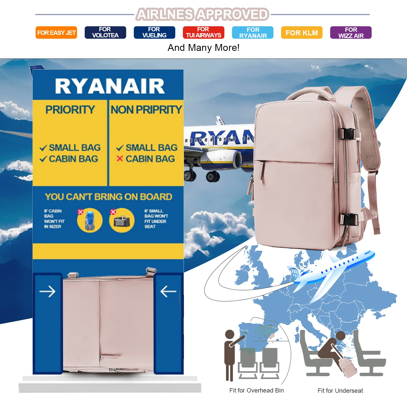 Женский дорожный рюкзак Ryanair 40x20x25 сумка для кабины ручной чемодан усиленный