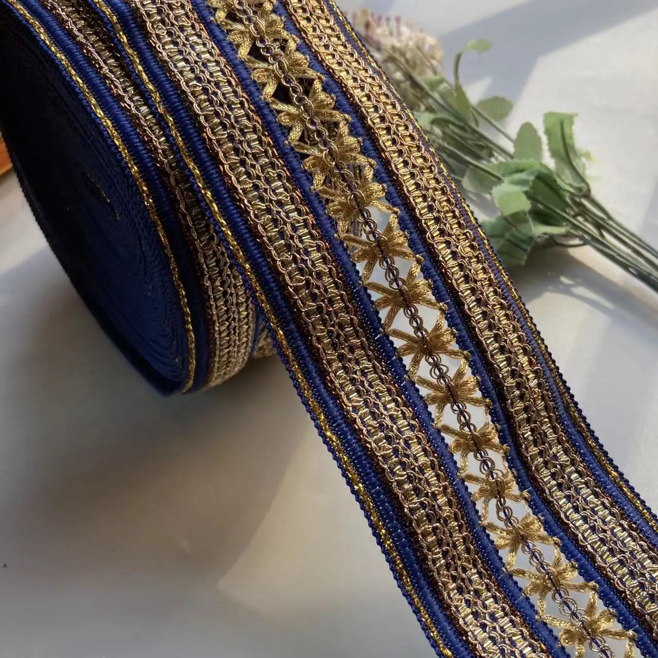 1 ярд синяя 7 см лента с рисовой кружевной отделкой этническая одежда золотая нить