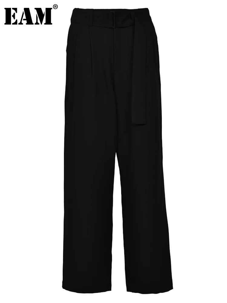

[EAM] High Waist Black Belted Wide Leg Long Casual Pants New Loose Fit Trousers Women Fashion Tide Spring Autumn 2023 1DF9799