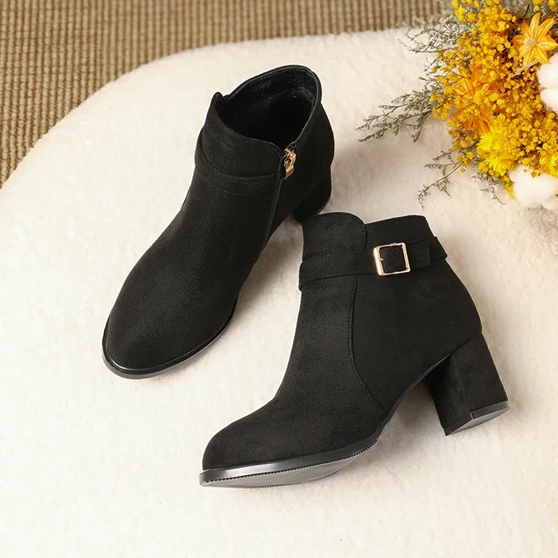 Leopard Suede Women Ankle Boots Mid Heels Chunky Shoes Women's Winter 2025 Trend New Fashion Designer Elegant Female