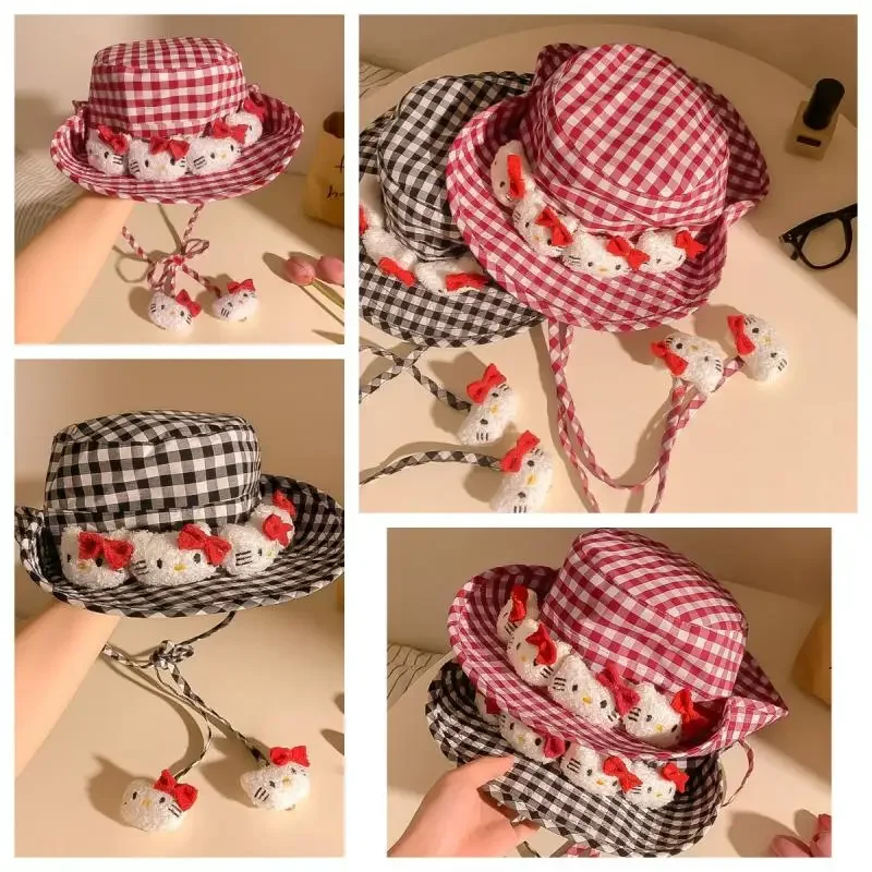 2024 рыбацкая шляпа с рисунком аниме Hello Kitty Sanrio милая красная клетчатая серия