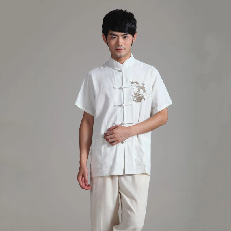 Рубашка с вышивкой дракона для мужчин костюм коротким рукавом Тан