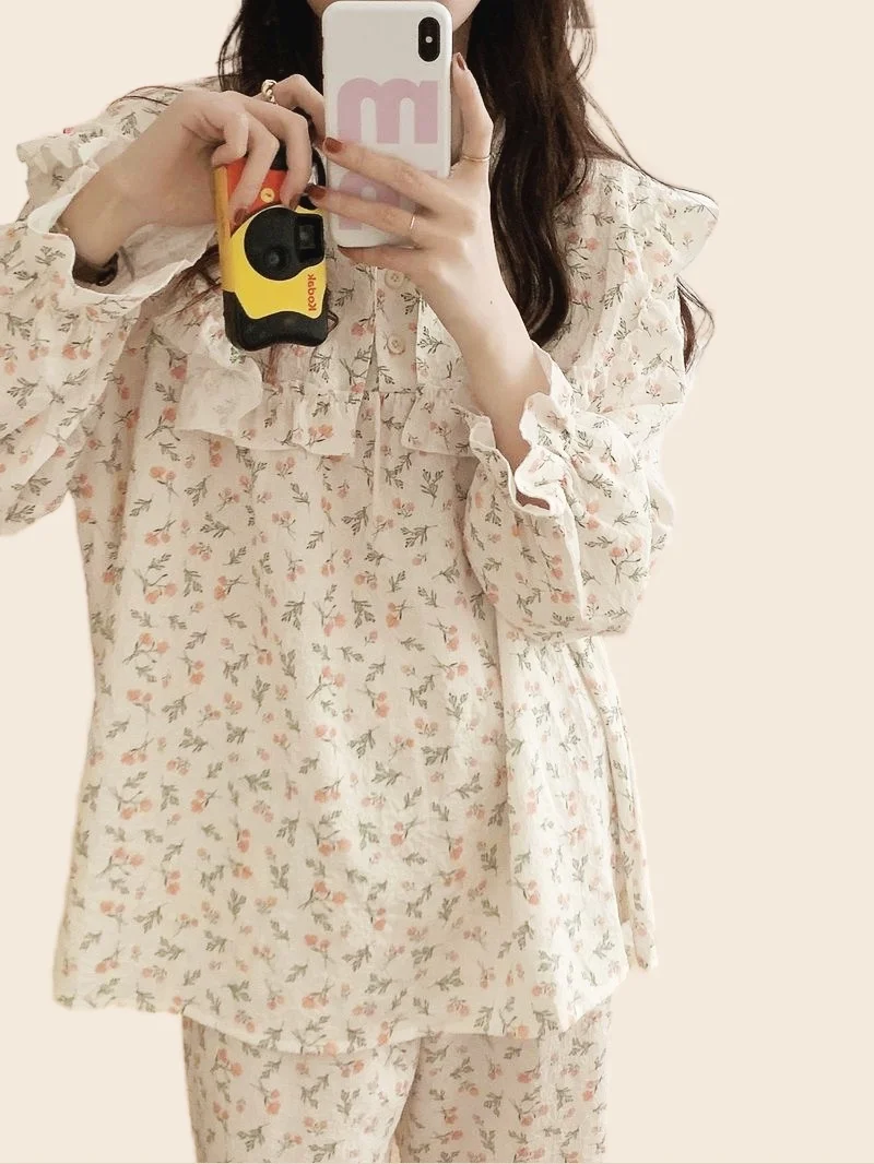 Cotton Pajamas Set Full Sleeve T-shirt Long Pants 2Piece/Set Sexy Print Flower Pyjama Big Size Mom Homewear Cozy Plus Sleepwear