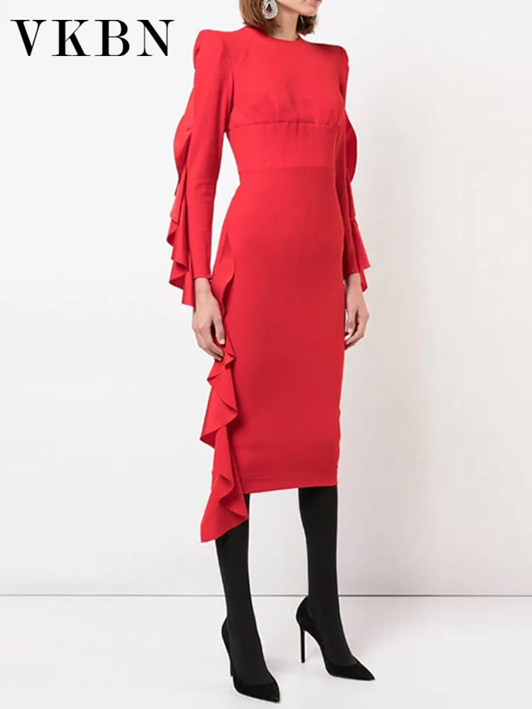 VKBN-Женские вечерние платья повседневные многоярусные красные банкетные макси
