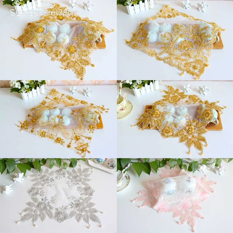 Luxury lace gold beads embroidery place table mat cloth pad cup doilies tea coaster placemat Christmas wedding kitchen Accessory