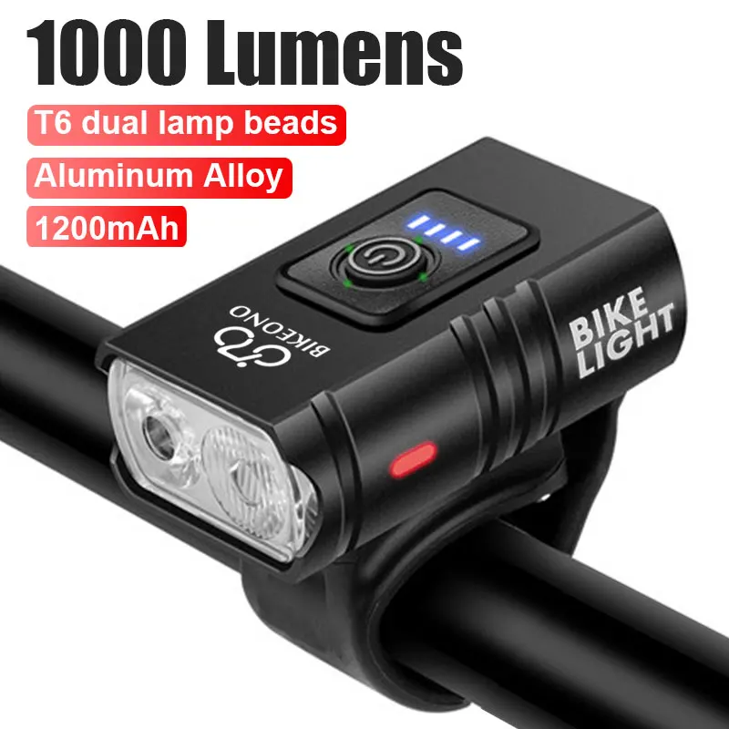 Bright Bicycle Light T6 LED Front USB Rechargeable MTB Mountain Bicycle Lamp 1000LM Bike Headlight Flashlight Cycling Scooter